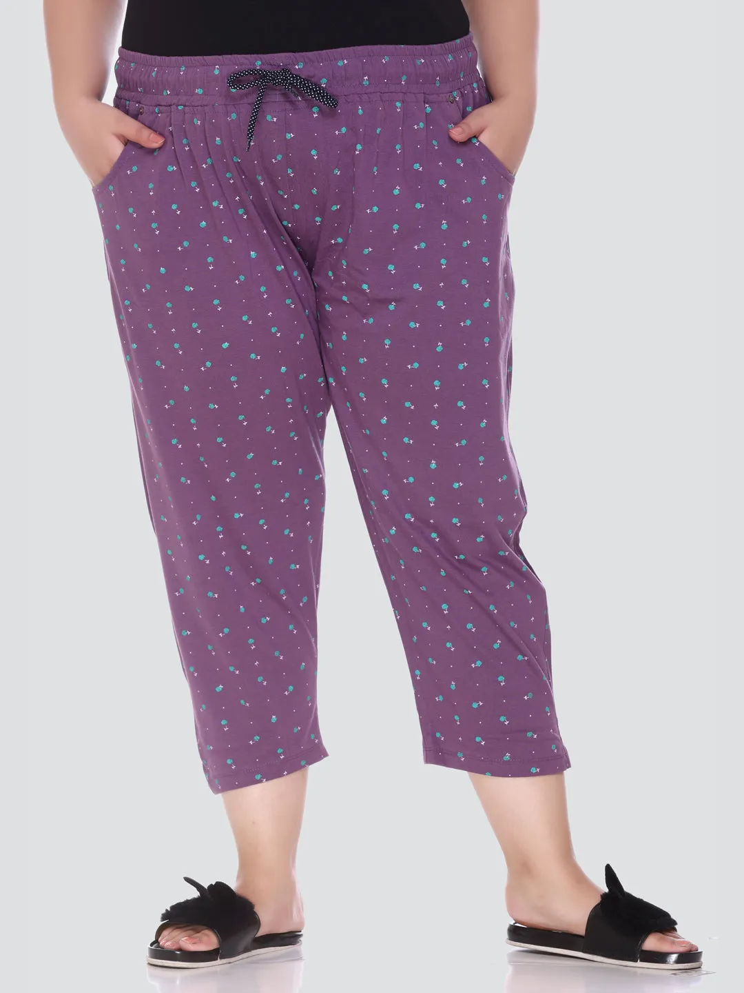 Plus Size Capri For Women - 3/4 Printed Pyjama - Purple