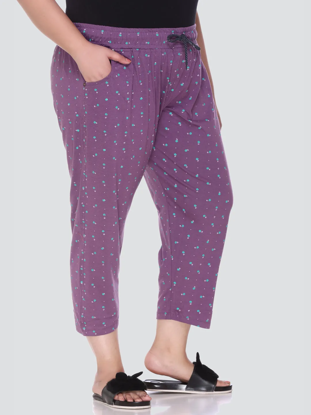 Plus Size Capri For Women - 3/4 Printed Pyjama - Purple