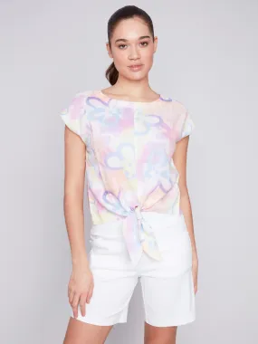 Printed Front Tie Linen Top - Graffiti Flower