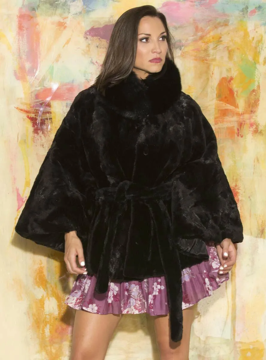 Sheared Mink Fur Cape with Fox Fur Collar and Detachable Belt