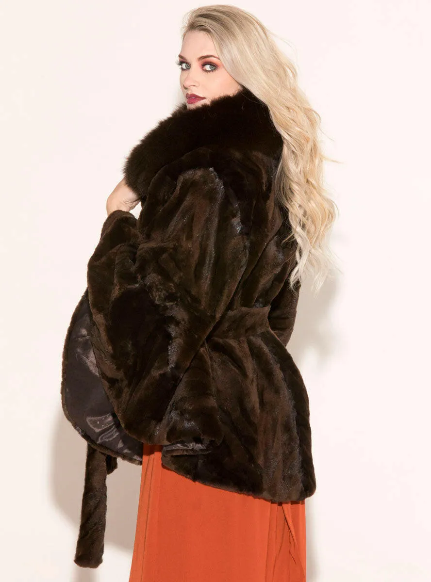 Sheared Mink Fur Cape with Fox Fur Collar and Detachable Belt