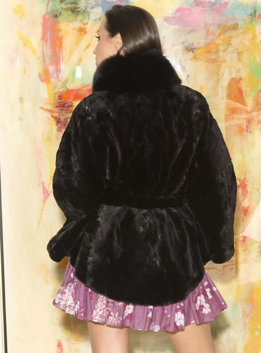 Sheared Mink Fur Cape with Fox Fur Collar and Detachable Belt