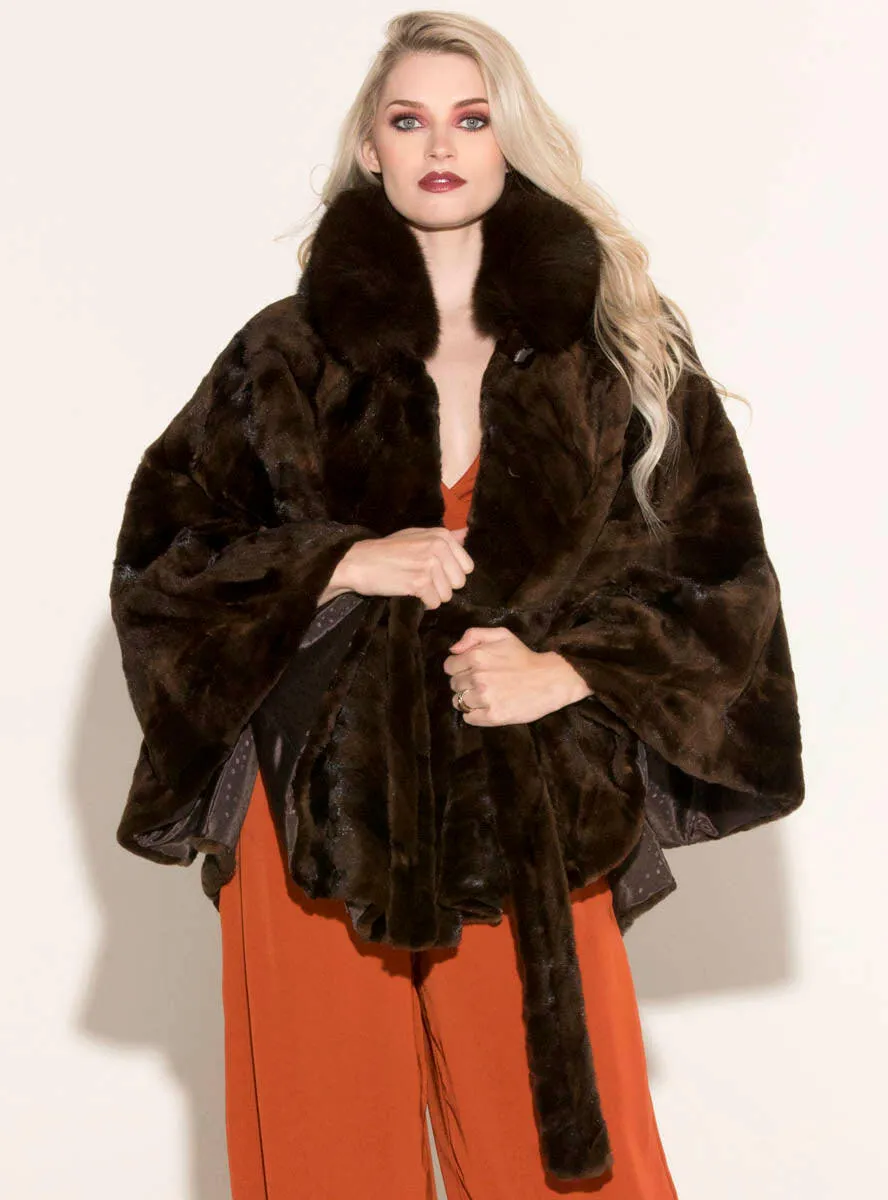 Sheared Mink Fur Cape with Fox Fur Collar and Detachable Belt