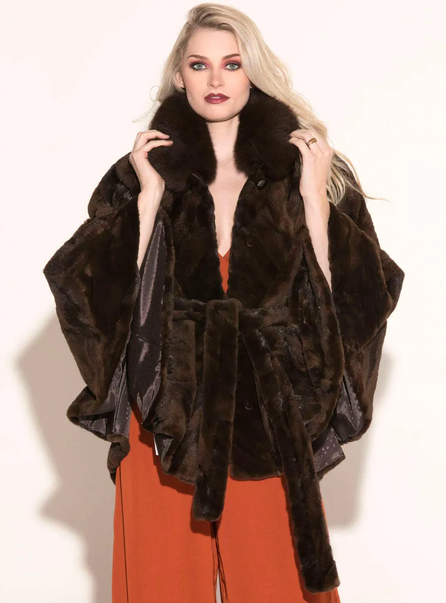 Sheared Mink Fur Cape with Fox Fur Collar and Detachable Belt