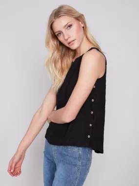 Sleeveless Linen Top with Side Buttons - Black