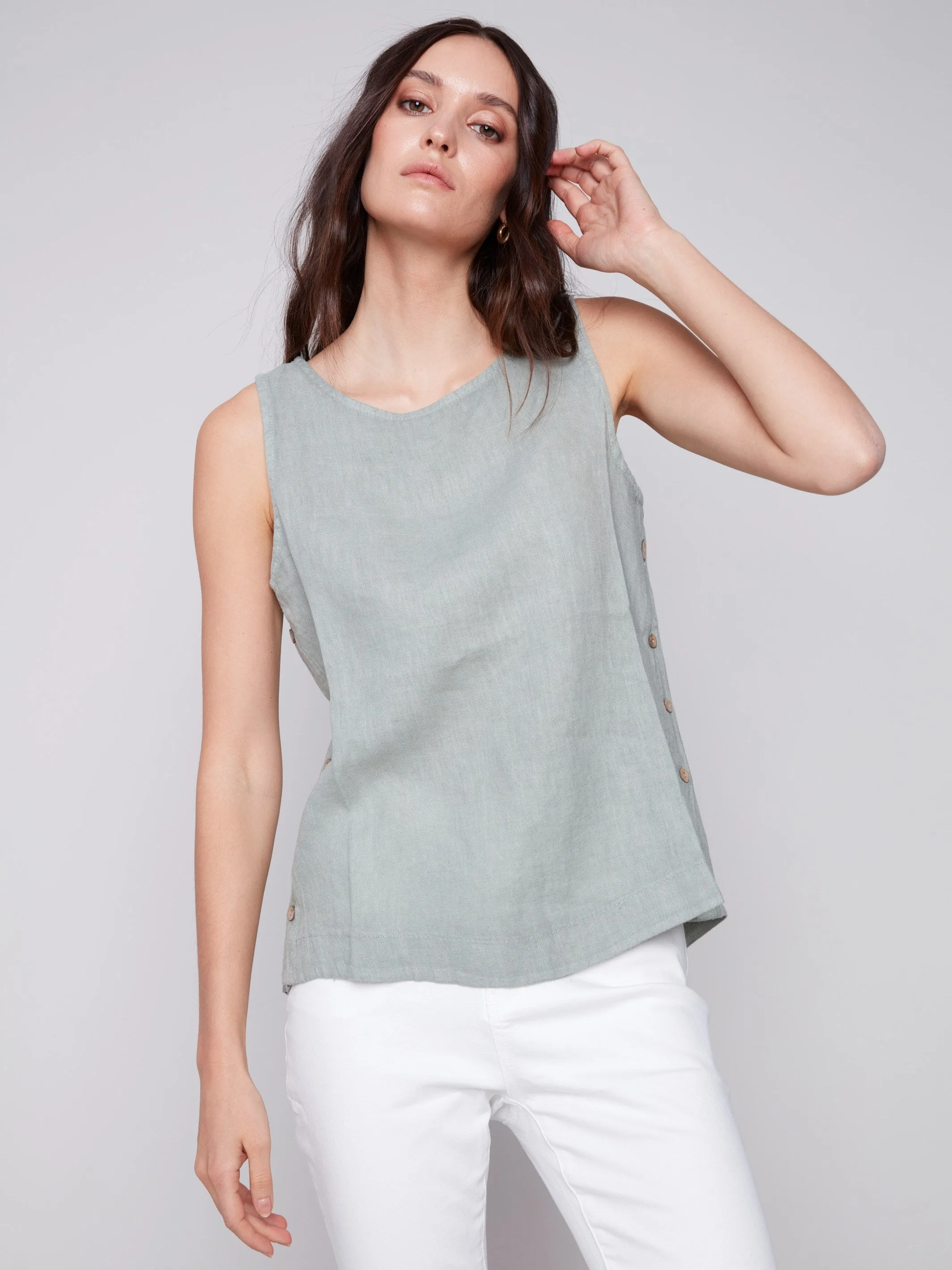 Sleeveless Linen Top with Side Buttons - Celadon