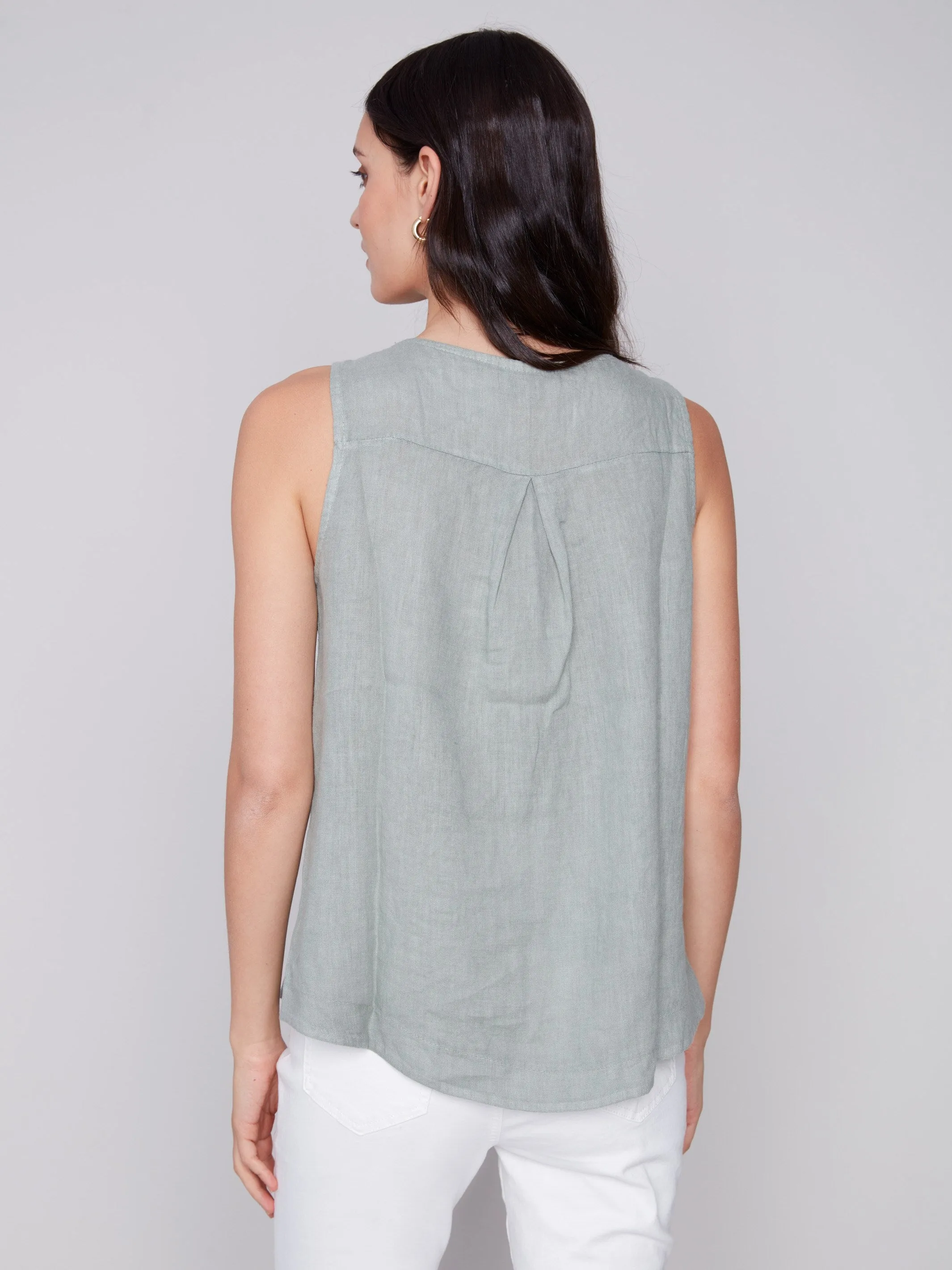 Sleeveless Linen Top with Side Buttons - Celadon