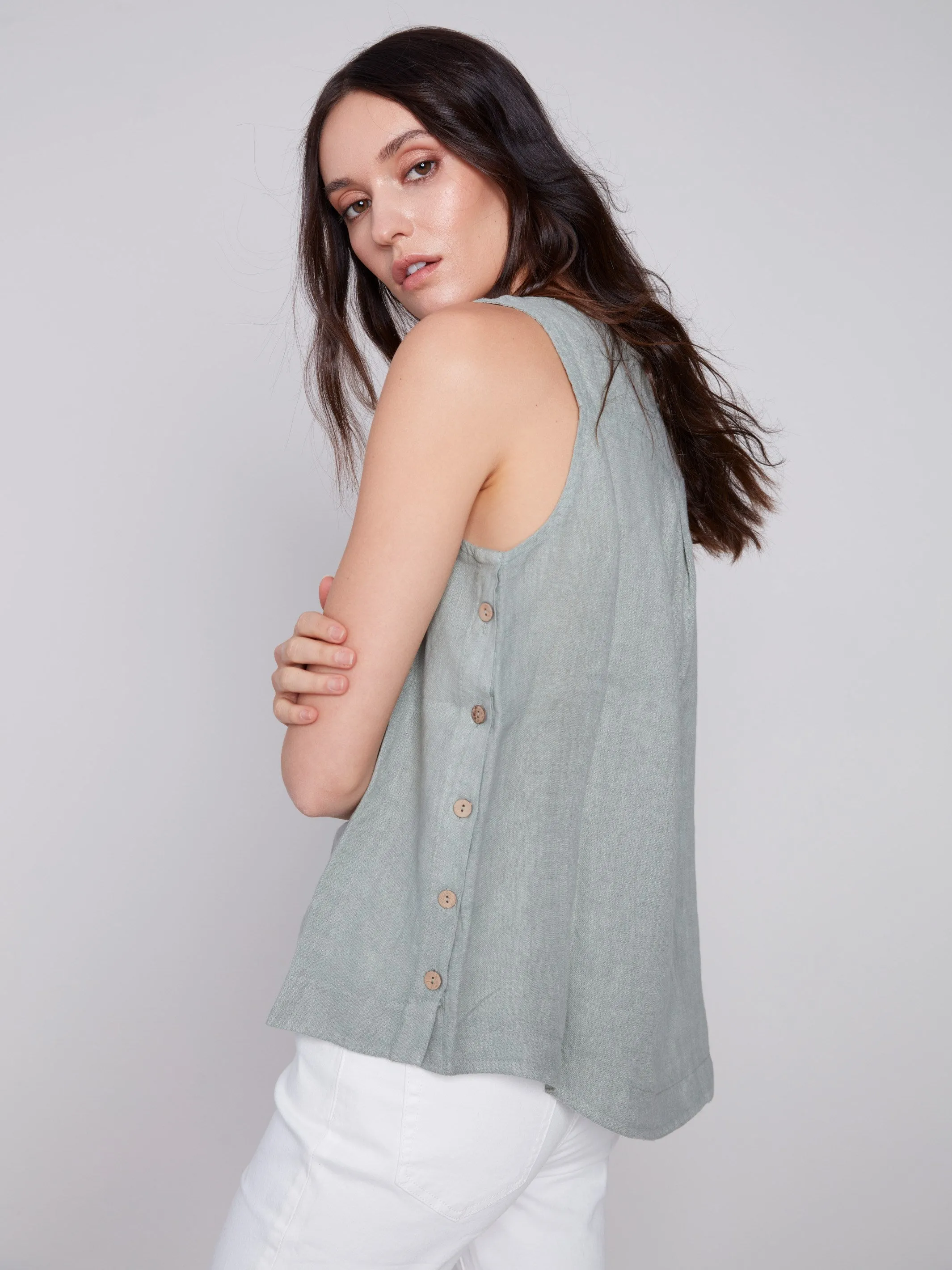 Sleeveless Linen Top with Side Buttons - Celadon