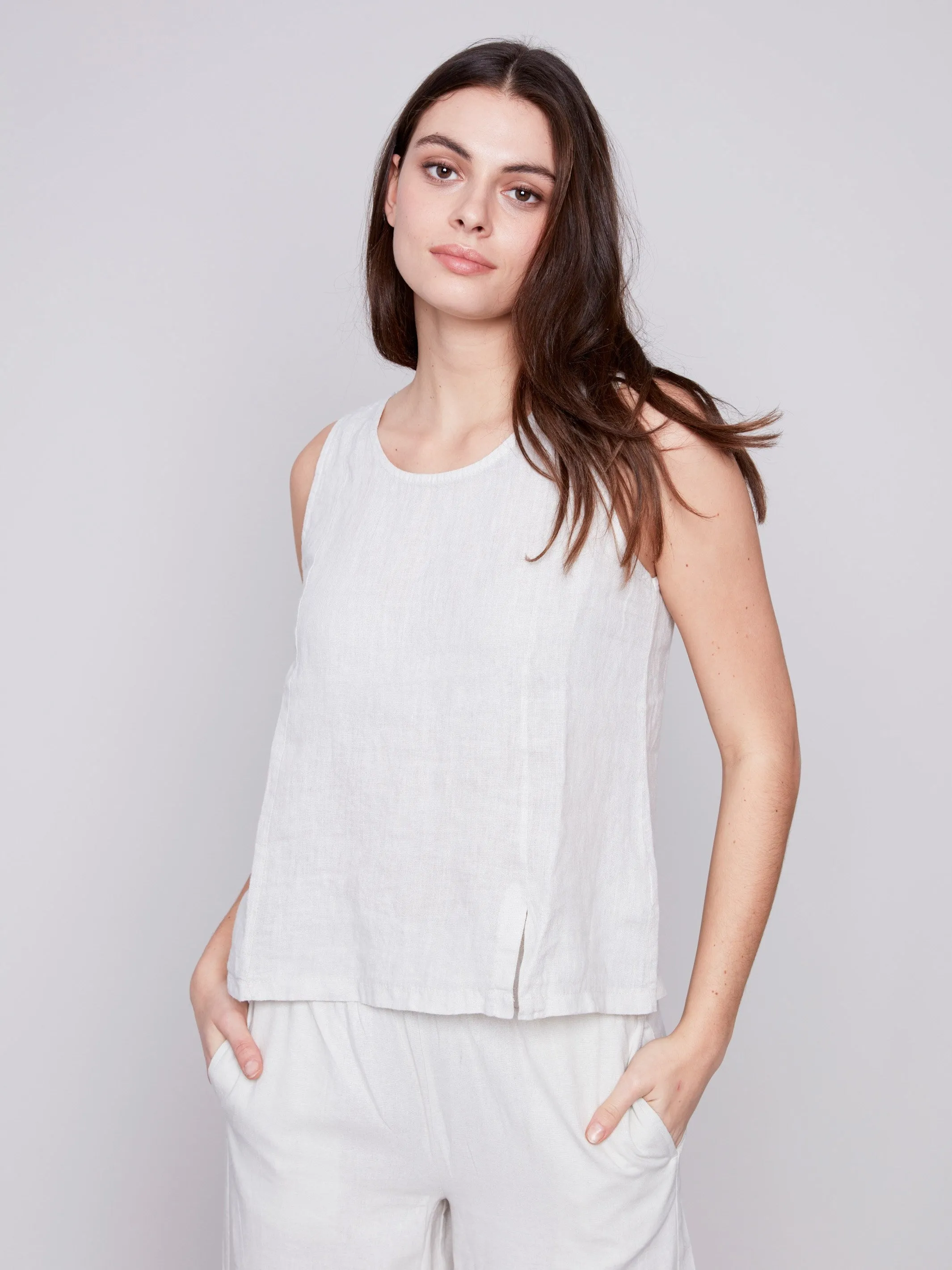 Sleeveless Linen Top with Slit - Natural