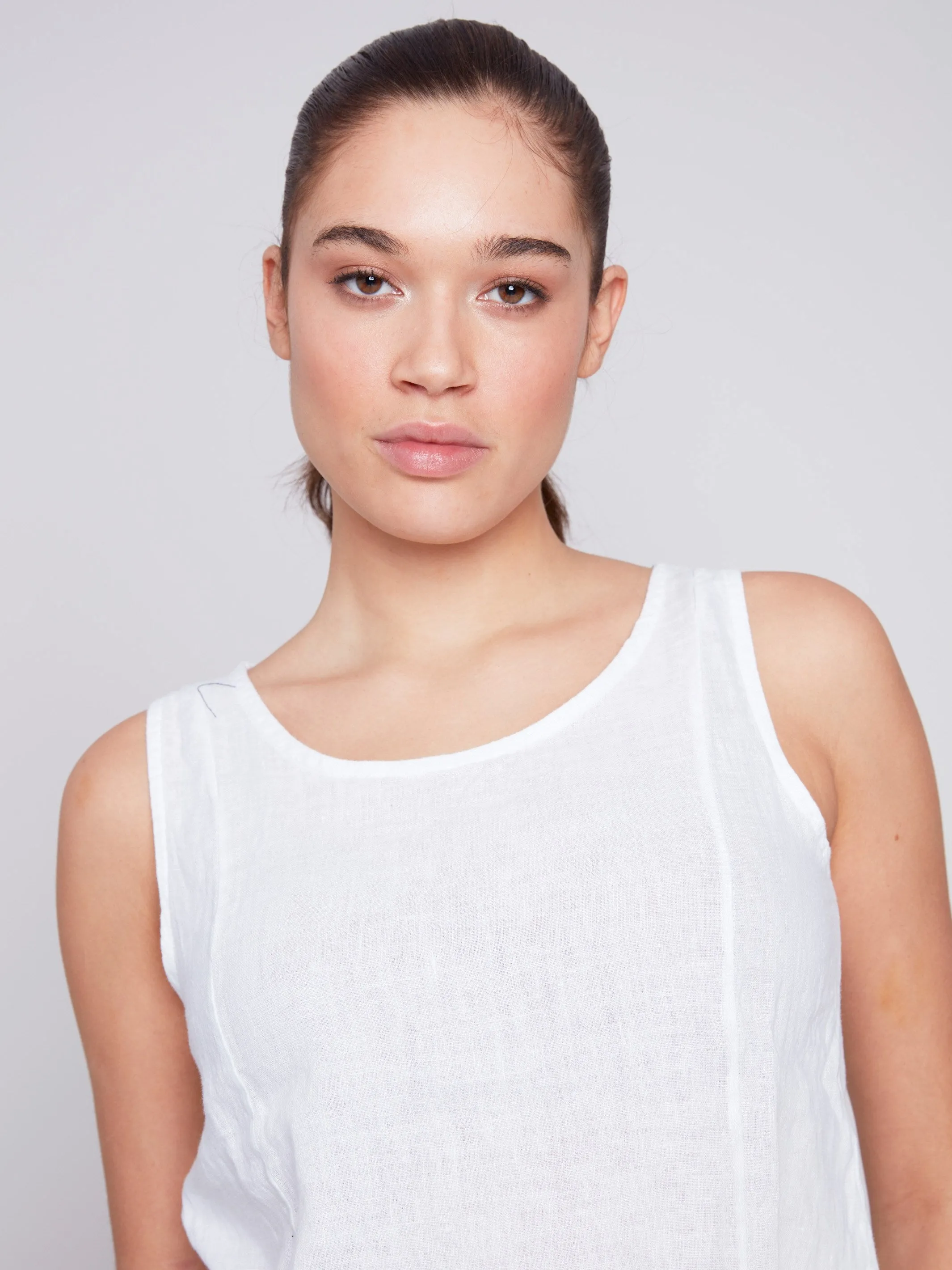 Sleeveless Linen Top with Slit - White