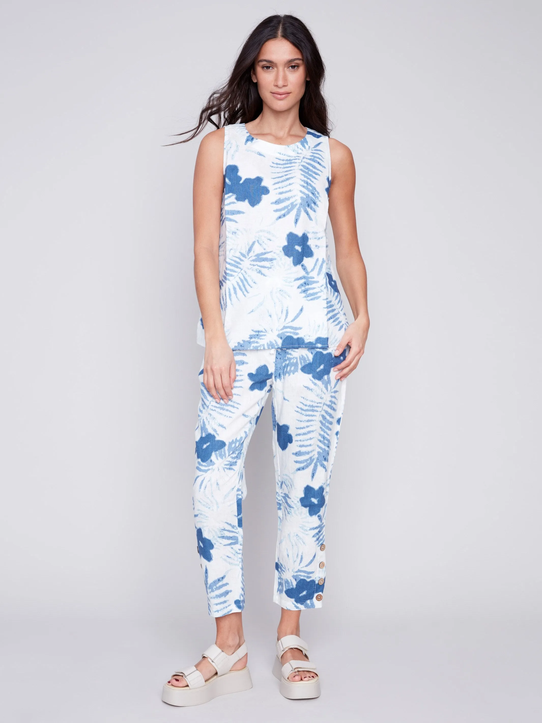 Sleeveless Printed Linen Top - Blue