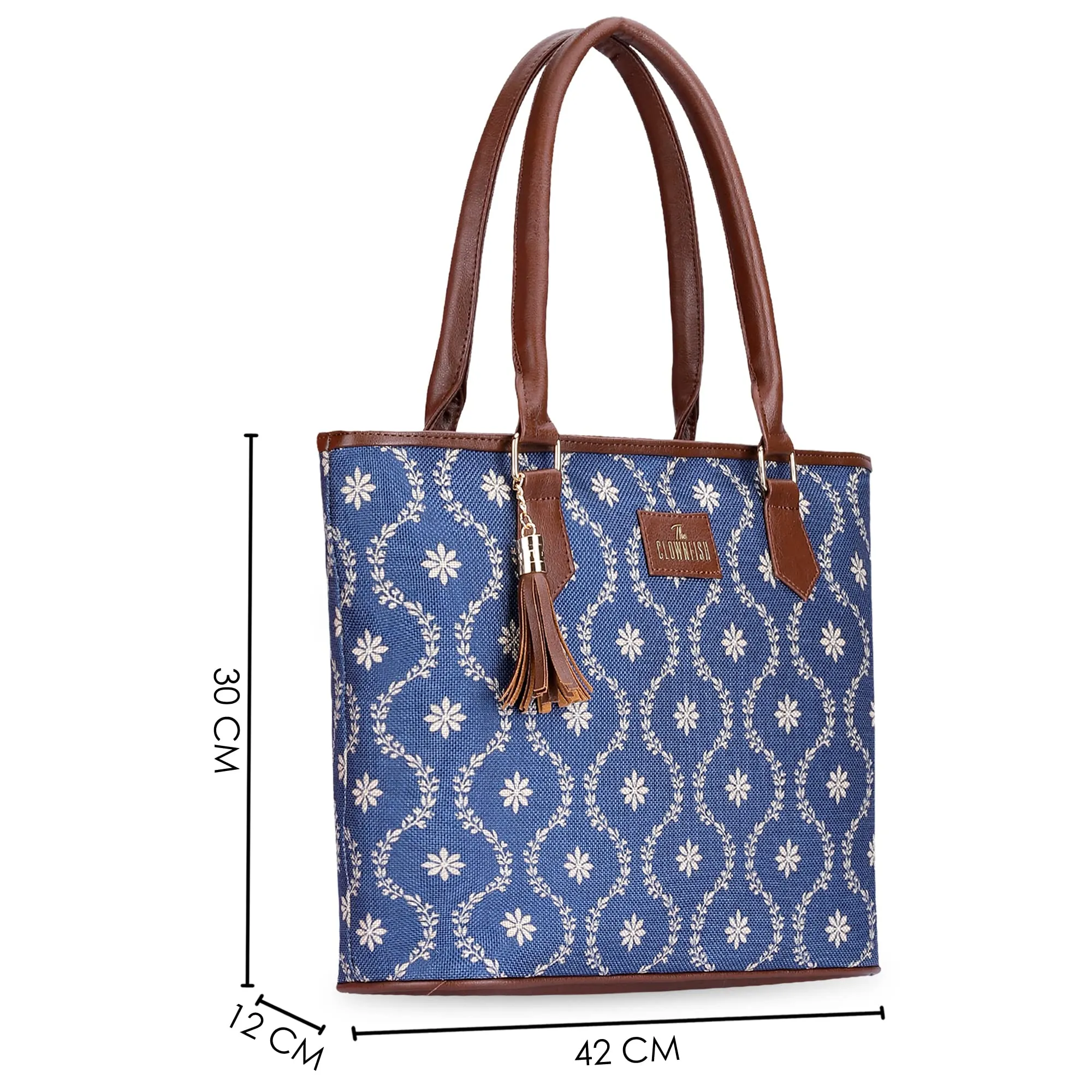 THE CLOWNFISH Aviva Printed Handicraft Fabric Handbag for Women Office Bag Ladies Shoulder Bag Tote for Women College Girls (Royal Blue)