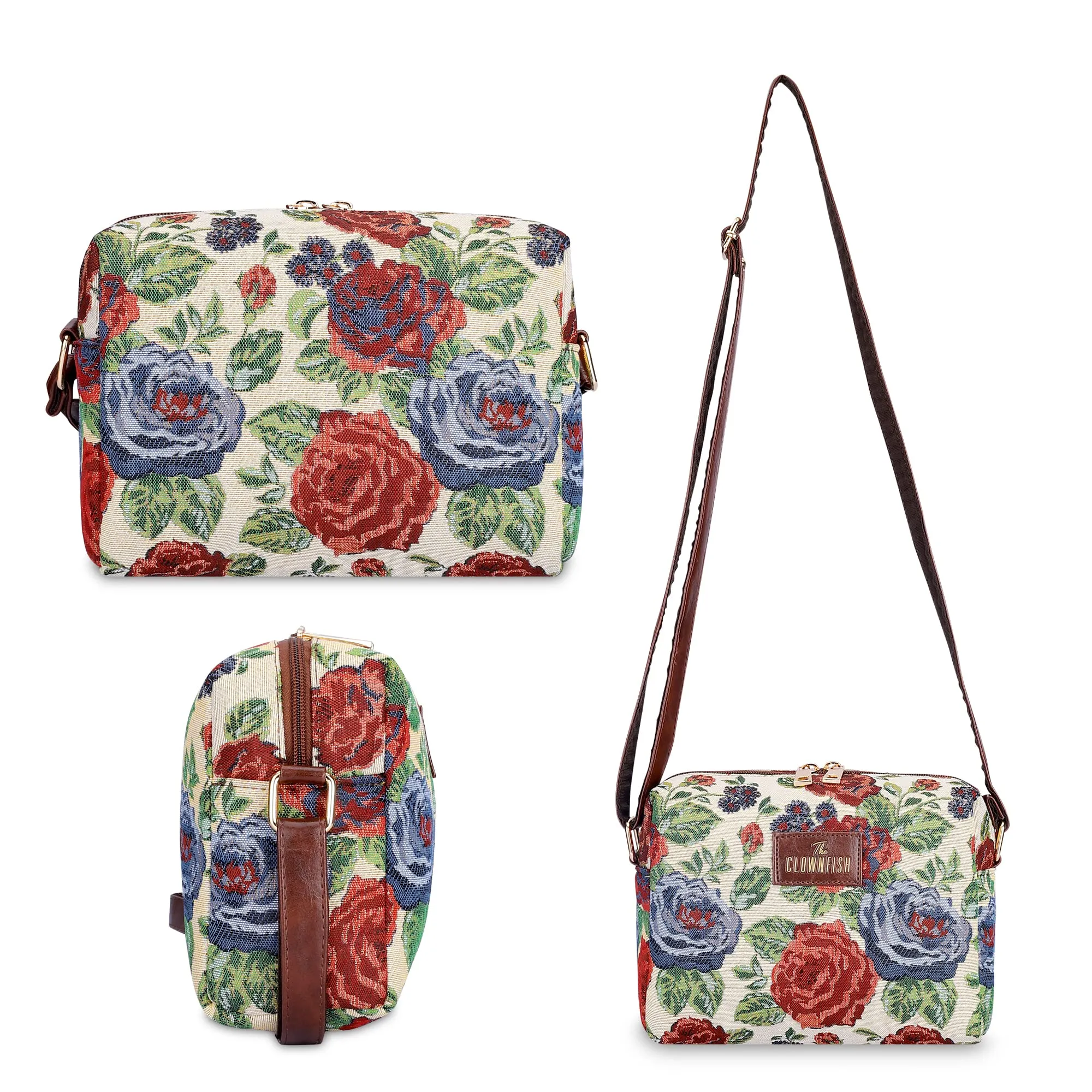 THE CLOWNFISH Combo Of Adelina Sling for Women Crossbody Bag for Ladies College Girls & Justina Tapestry Fabric & Faux Leather Handbag for Women (Red-Floral)