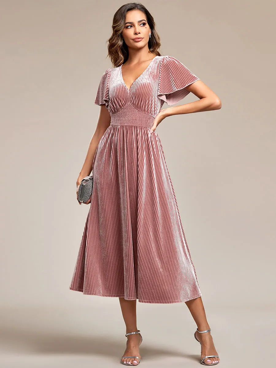 V-Neck Tea Length Velvet Wedding Guest Dresses