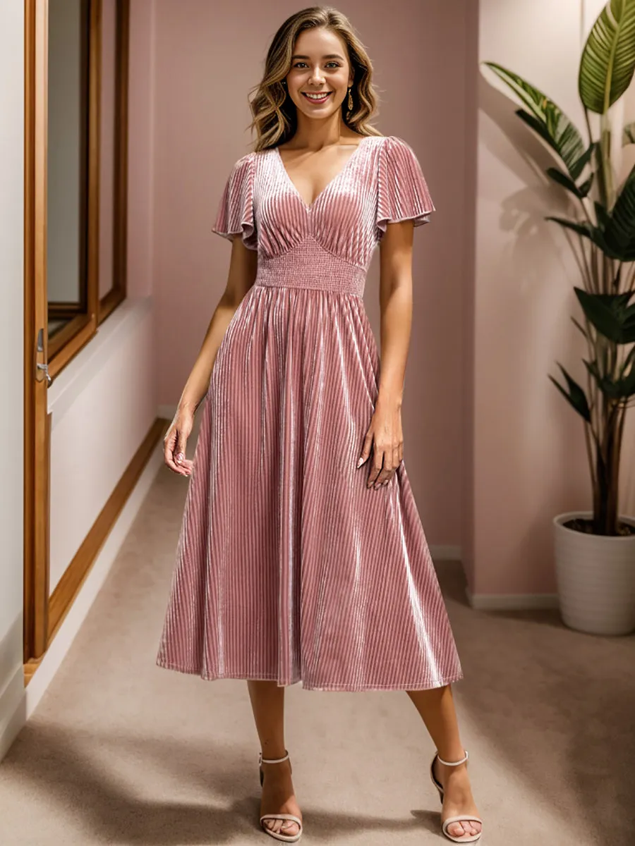 V-Neck Tea Length Velvet Wedding Guest Dresses