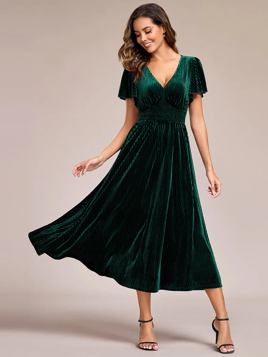 V-Neck Tea Length Velvet Wedding Guest Dresses