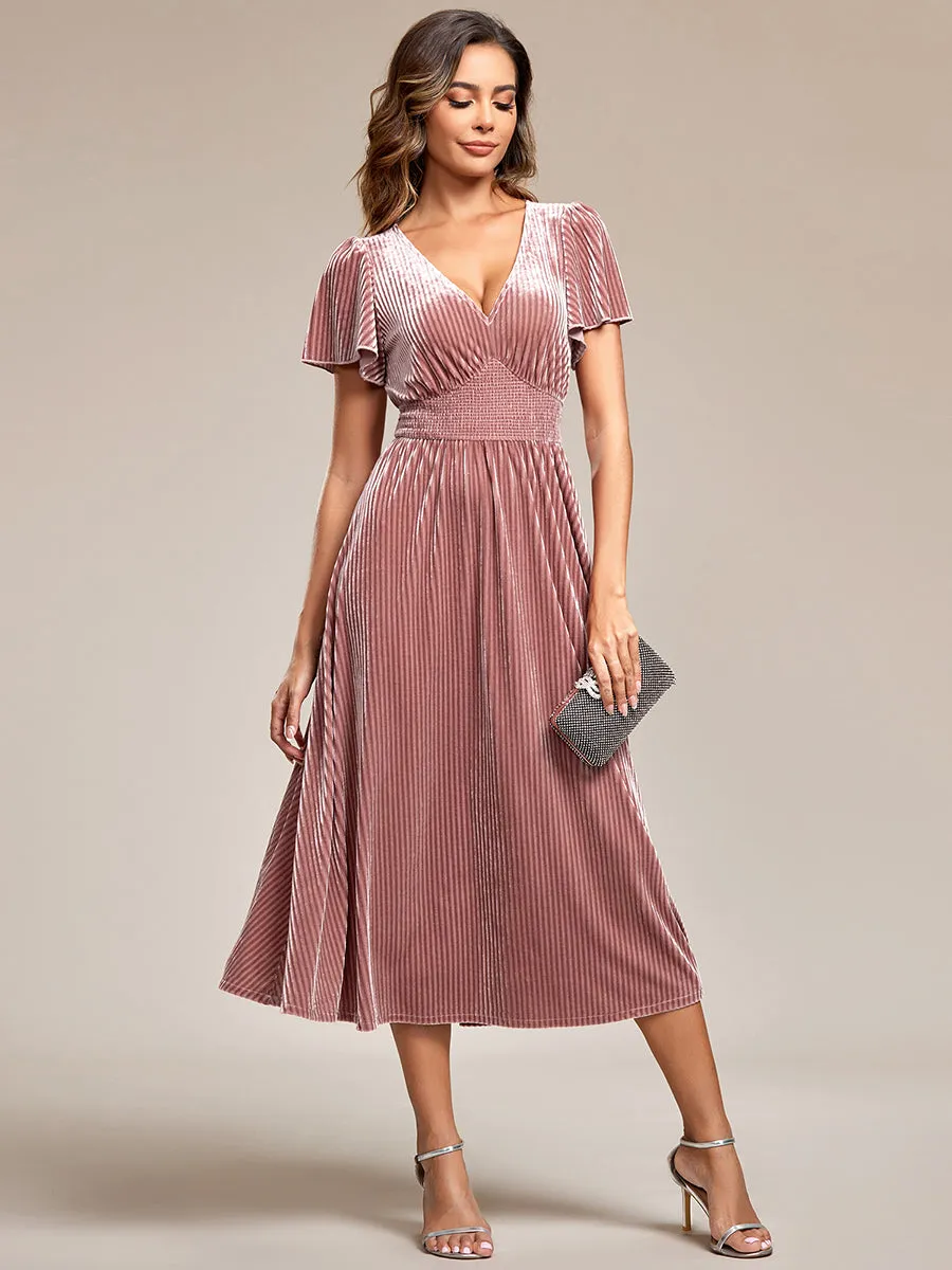 V-Neck Tea Length Velvet Wedding Guest Dresses