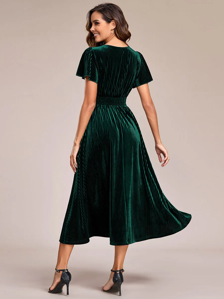 V-Neck Tea Length Velvet Wedding Guest Dresses