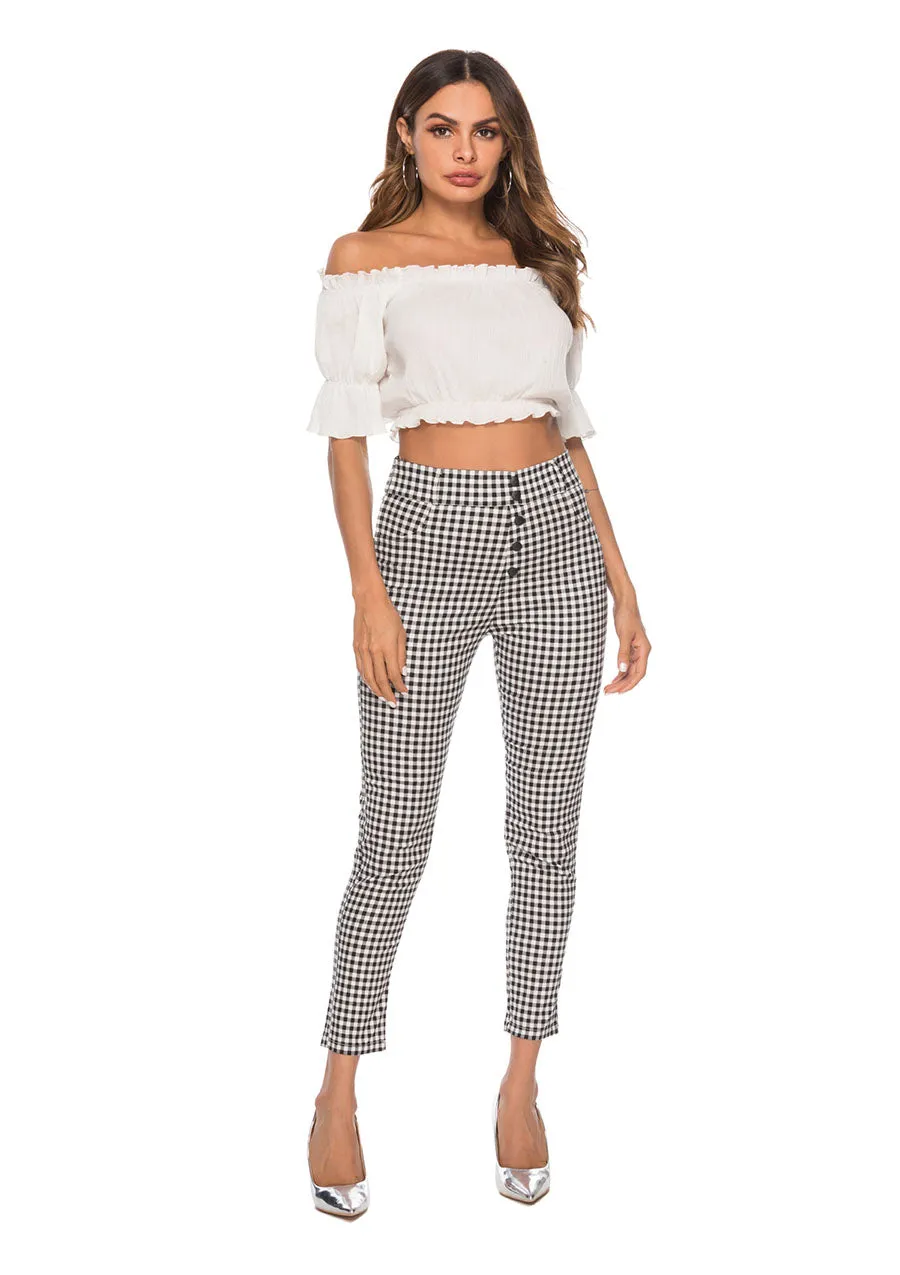 Vintage Button High Waist Plaid Pants