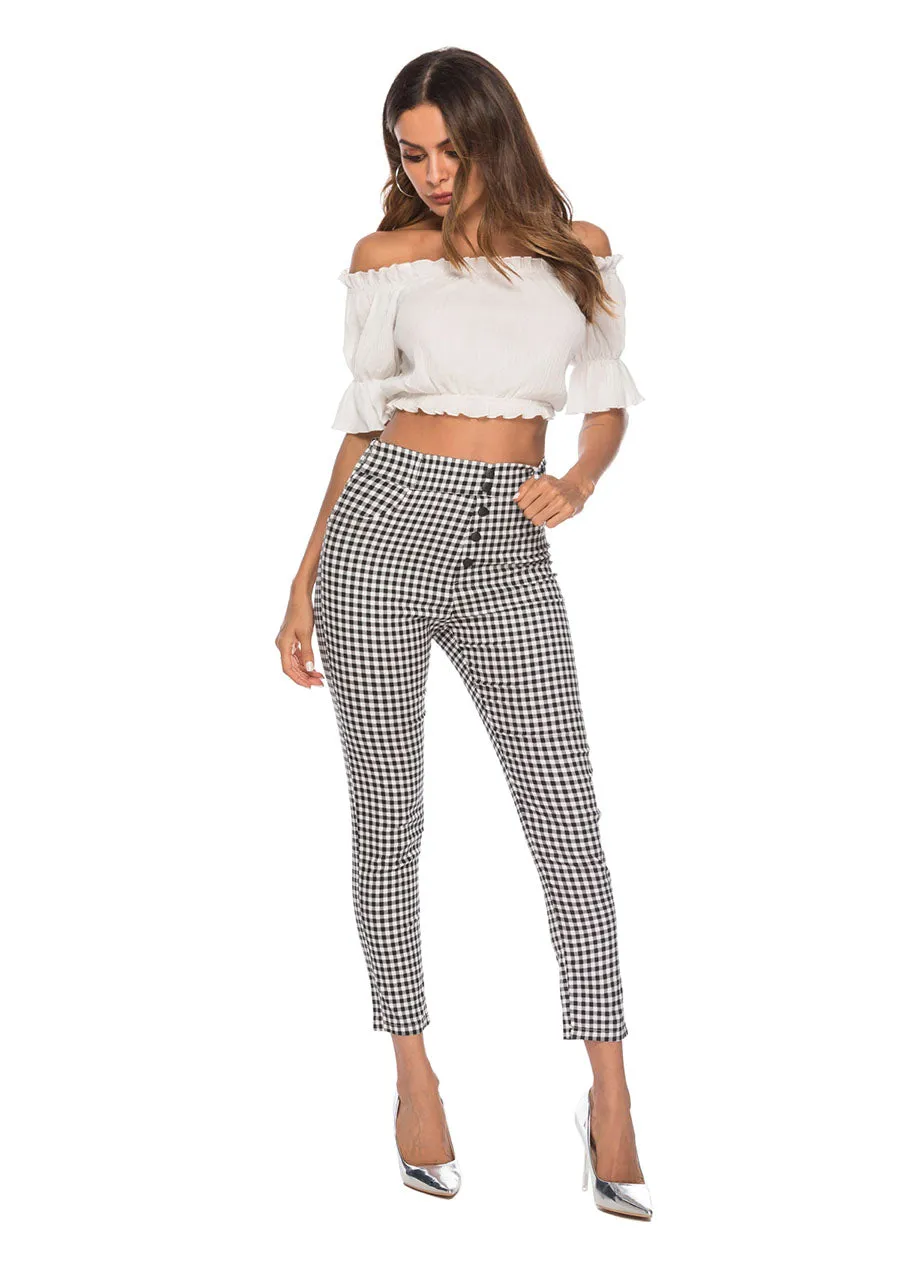 Vintage Button High Waist Plaid Pants