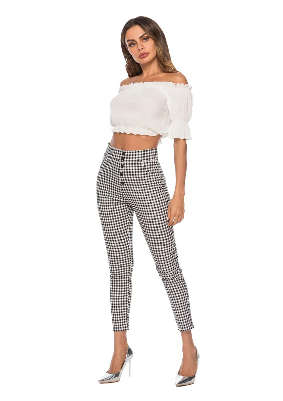 Vintage Button High Waist Plaid Pants