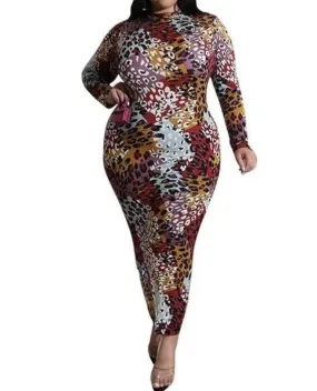 WILD PATTERN LONG SLEEVE BODYCON DRESS