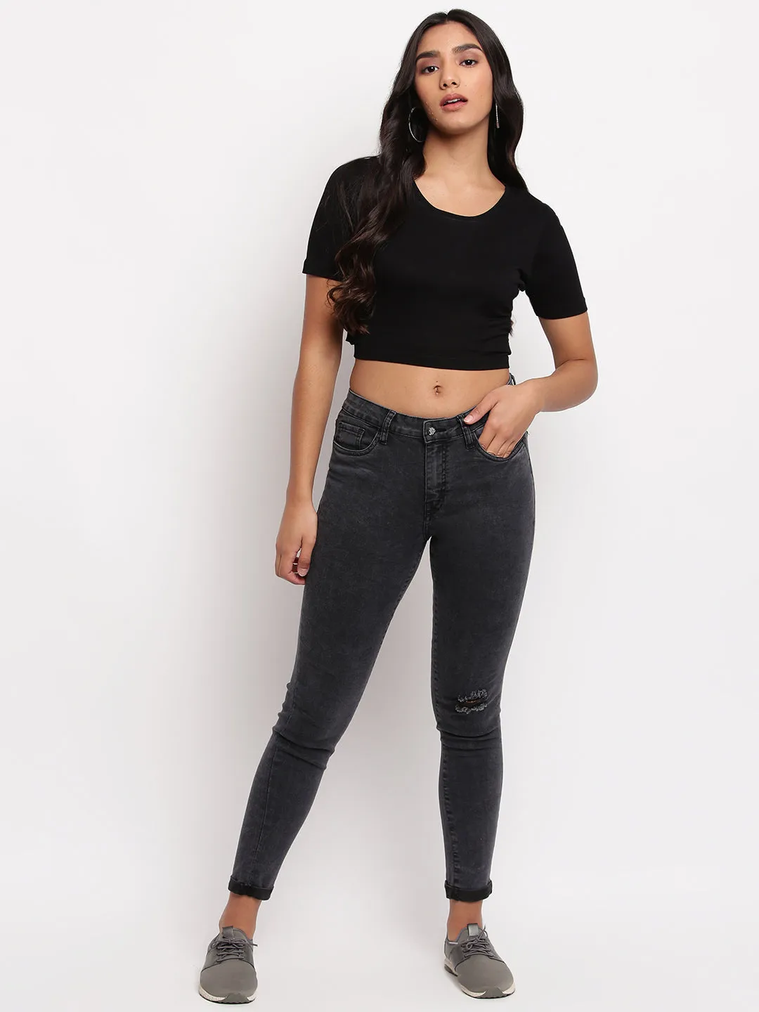 Women Black Mid Waist Skinny Fit  Denim Jeans