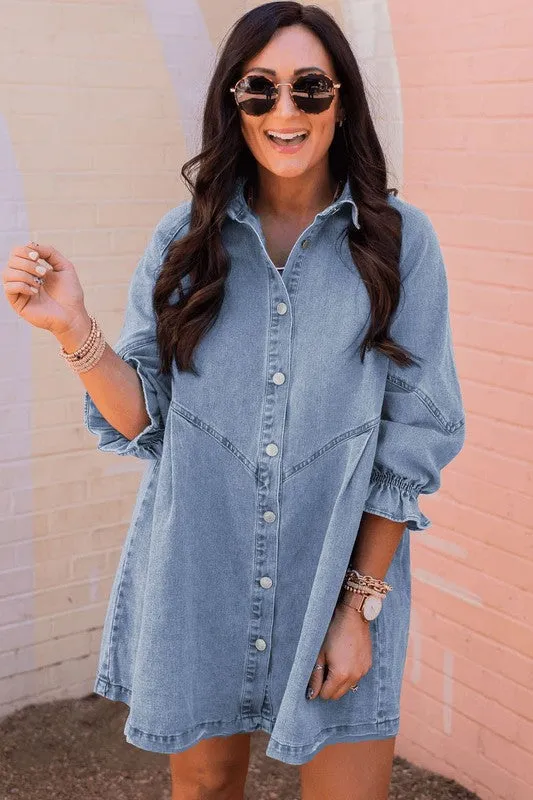 Women Buttoned Long Sleeve Denim Mini Dress