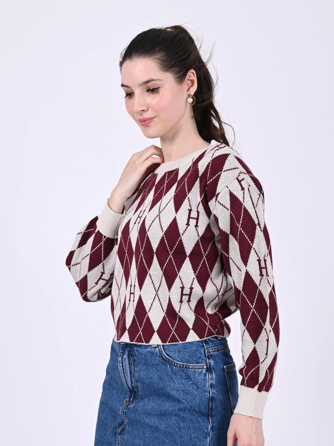 Women Checkered Crop Sweater