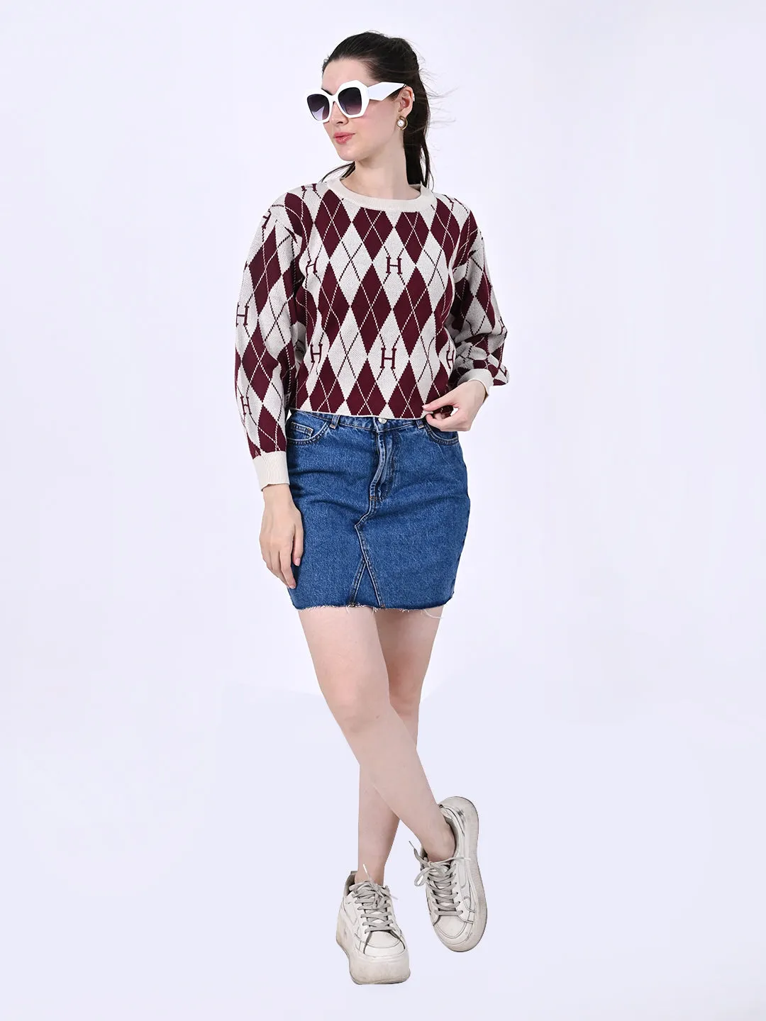 Women Checkered Crop Sweater