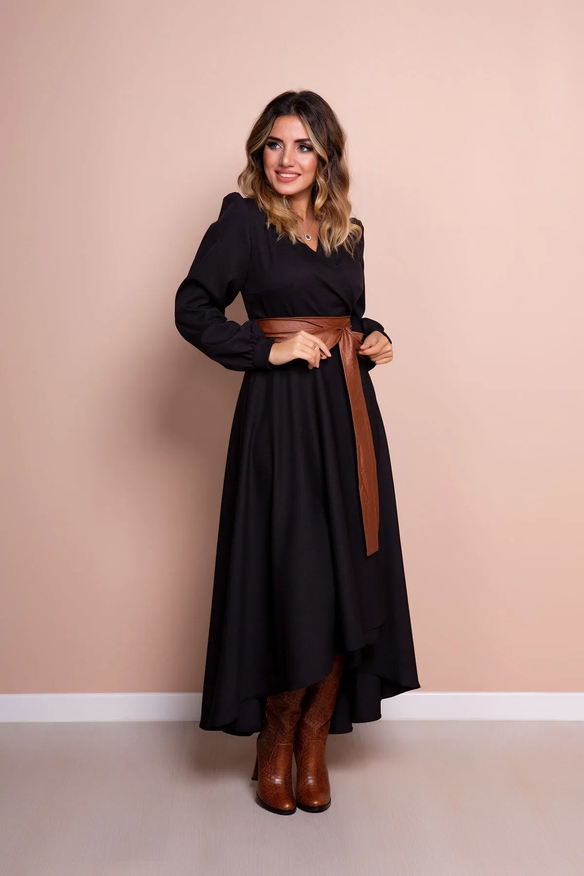 Women Leather Arch Long Sleeve Asymmetric Cut Dress - Bidoluelbise