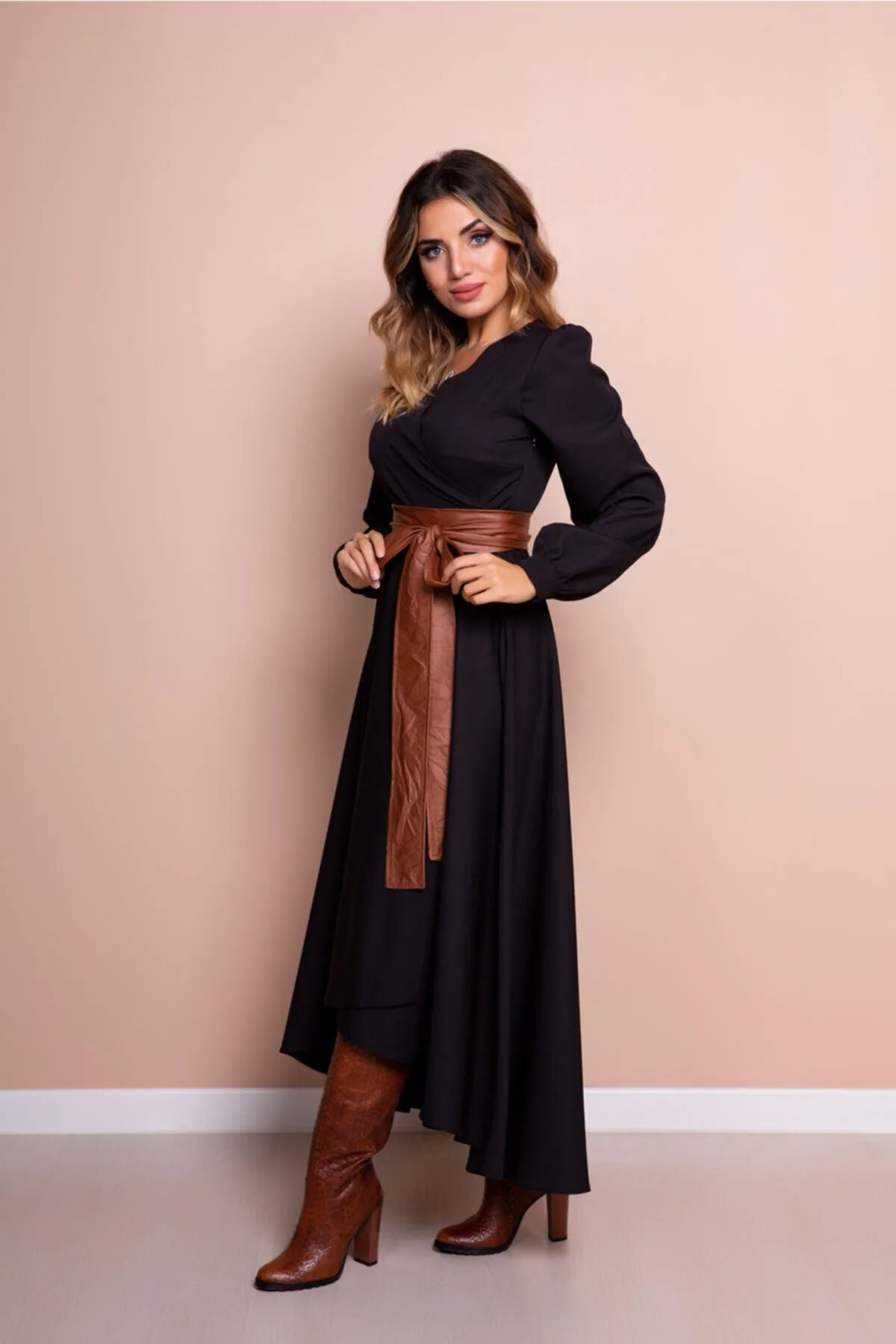 Women Leather Arch Long Sleeve Asymmetric Cut Dress - Bidoluelbise