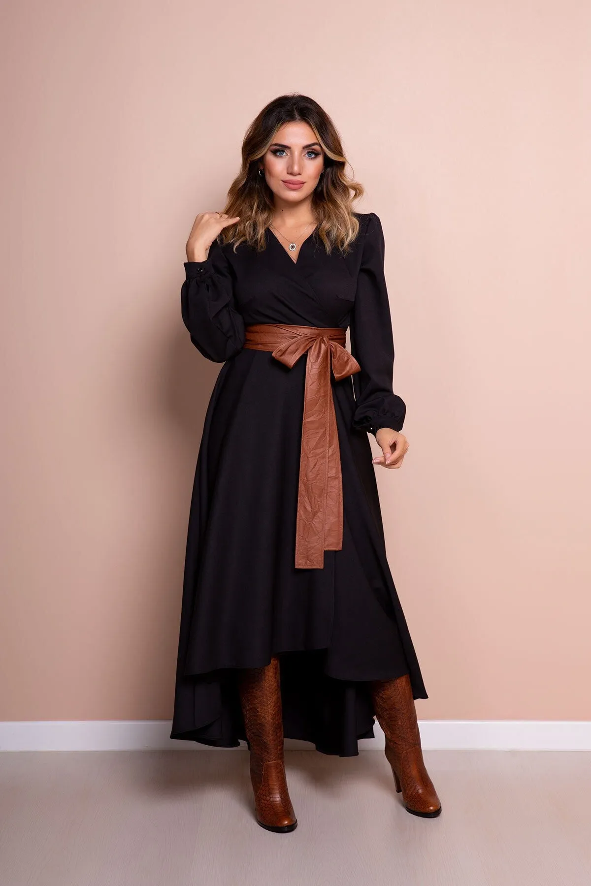 Women Leather Arch Long Sleeve Asymmetric Cut Dress - Bidoluelbise