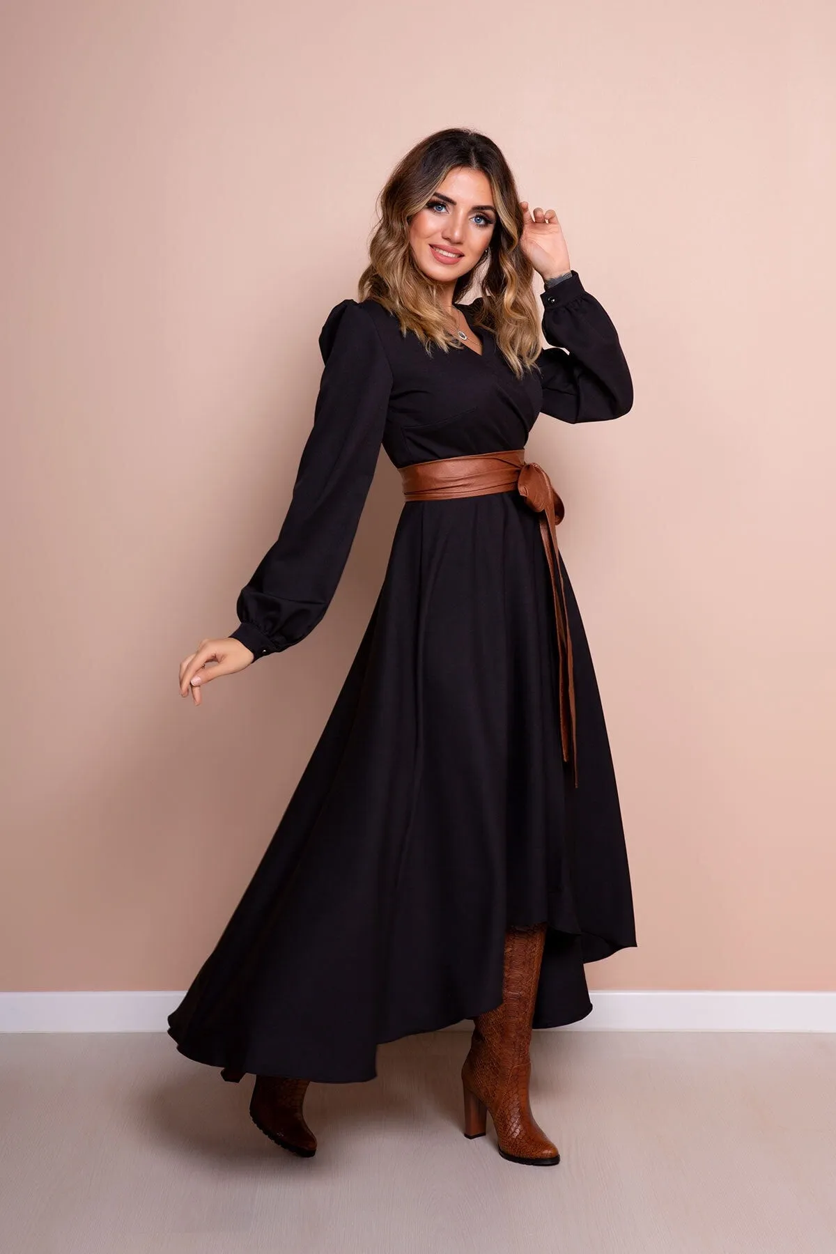 Women Leather Arch Long Sleeve Asymmetric Cut Dress - Bidoluelbise