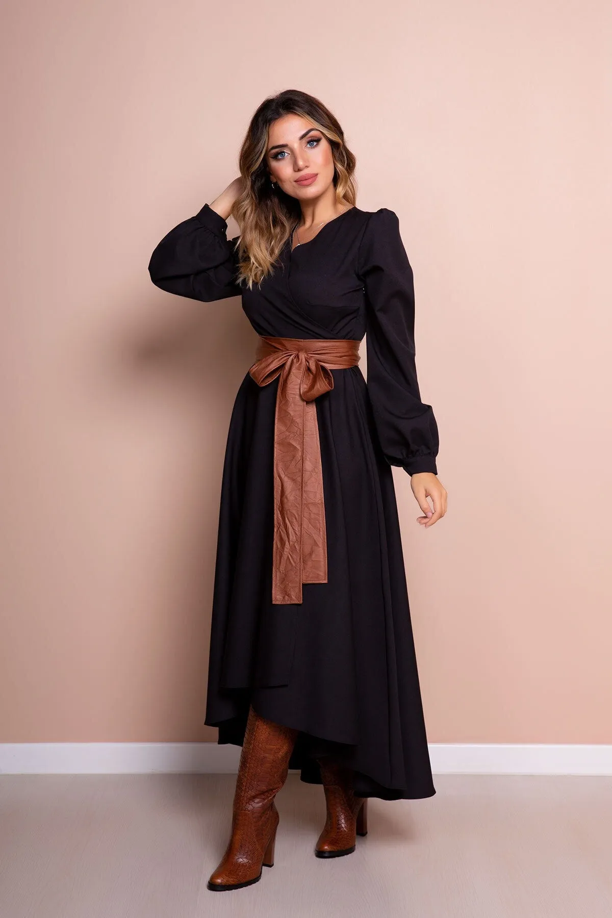 Women Leather Arch Long Sleeve Asymmetric Cut Dress - Bidoluelbise