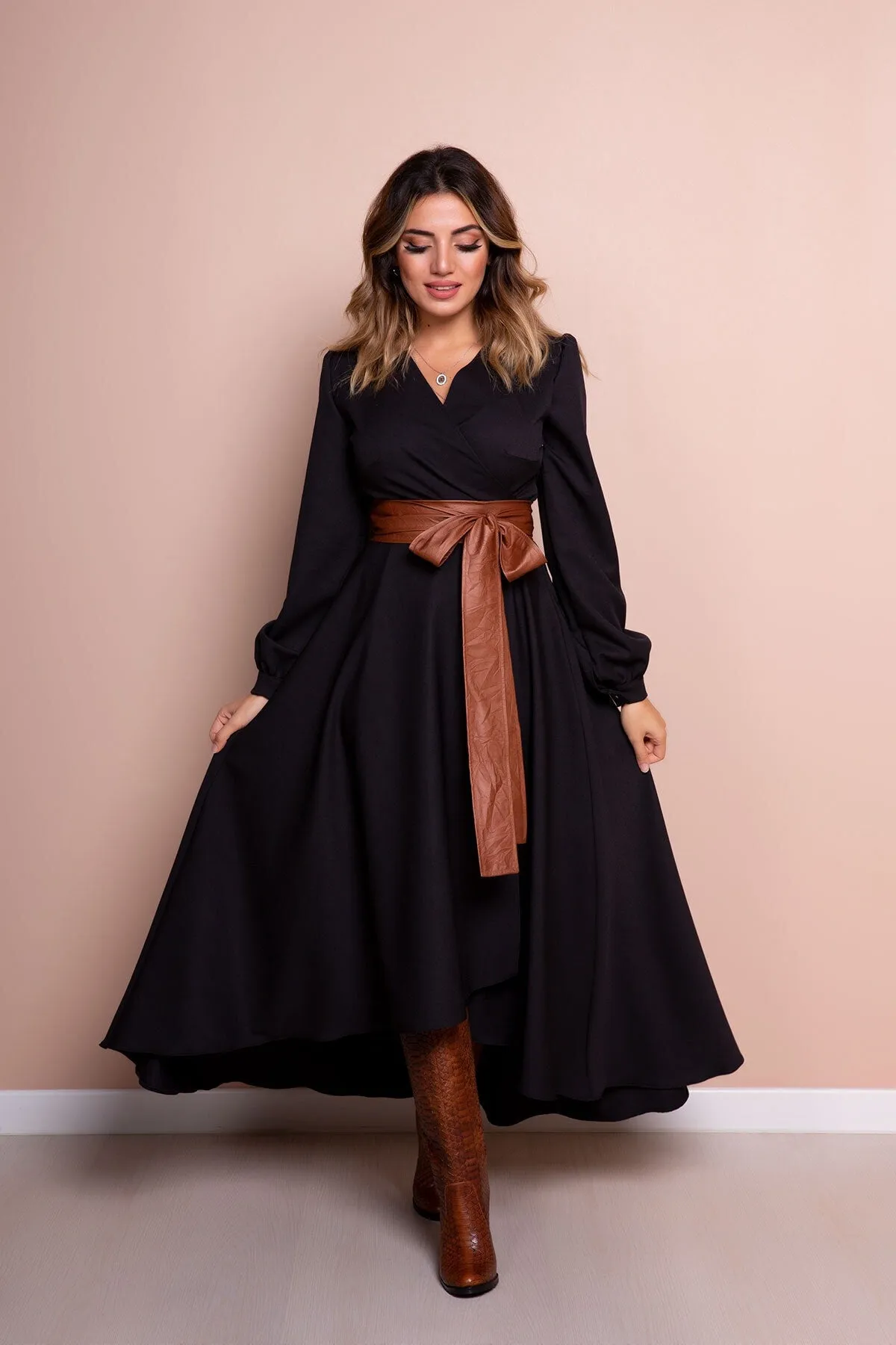 Women Leather Arch Long Sleeve Asymmetric Cut Dress - Bidoluelbise