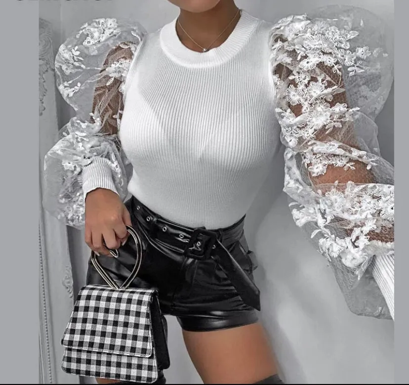 WOMEN WHITE PUFF PEDAL LACE SHIRT TOP